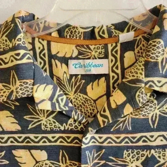 VINTAGE CARIBBEAN PURE SILK Men's Shirt Size XL Black & Yellow Tan Button Down - Picture 3 of 9